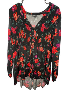 Torrid Black And Red Floral Pattern Button Up Long Sleeve Baby Doll Tunic